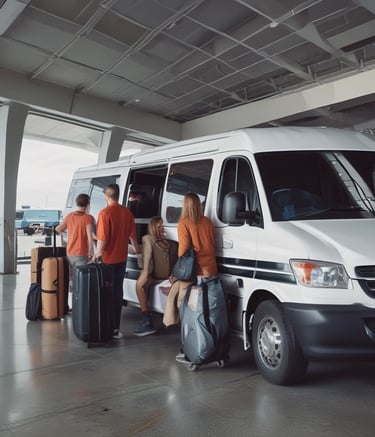 A large delivery truck and a smaller blue van are parked on the side of a road next to a park. A person is standing near the truck's door. Several packages and boxes are placed on the ground between the vehicles. The surrounding area features green trees and a small water fountain within a park setting.