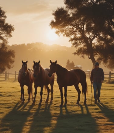 A woman wearing a striped sleeveless top and jeans is sitting on a brown horse. She is wearing a protective helmet. A man in a white shirt with suspenders is walking beside the horse, holding a red lead rope. They are in an outdoor setting with a sandy ground and surrounded by tall trees and greenery.