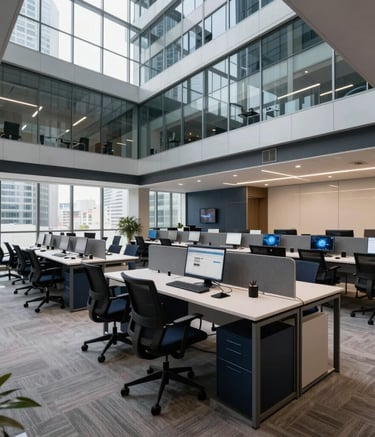 A wide-angle shot of a modern, open-plan office in a high-rise Brazilian building. The space is filled with ergonomic furniture and professional tele-attendance stations, featuring a sophisticated color palette of dark navy and light gray.