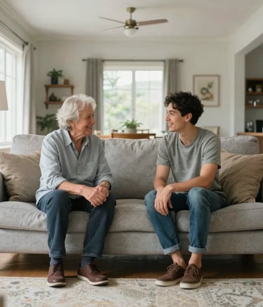 A wide shot of a bright living room in a North American home. A senior homeowner and a younger tenant are seated on a light grey sofa, engaged in a friendly conversation. The lighting is soft and natural, emphasizing a secure environment.