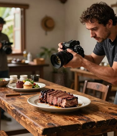 Fotografia dos bastidores de uma sessão de fotos gastronômica em um estúdio South American / Brazilian, mostrando uma câmera profissional focando em um corte de carne premium sobre uma mesa rústica.