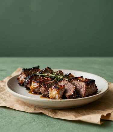 Prato de carne grelhada em estilo escandinavo minimalista sobre louça Parchment Green, com iluminação natural suave, em um cenário South American / Brazilian sofisticado.