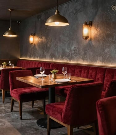 Interior luxuoso de uma churrascaria em estilo South American / Brazilian, com iluminação quente, móveis em Dark Grey e detalhes em Deep Carmine Red, capturando uma atmosfera acolhedora e sofisticada.