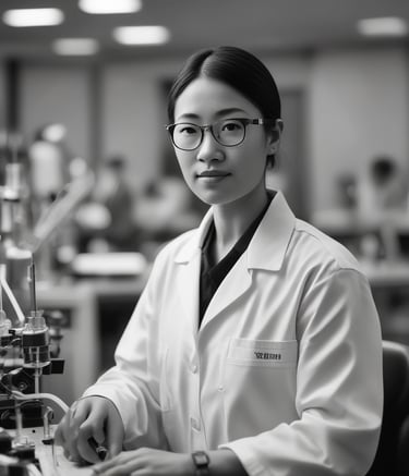 A person is standing in a laboratory, working on a laptop. The lab is equipped with various scientific instruments and glassware is visible on the shelves, including beakers and burettes containing different colored liquids. The atmosphere is well-lit with natural light coming from a large window.