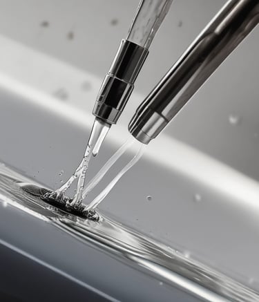 A person is intently examining a precision device or piece of equipment in a laboratory or industrial setting. The individual is wearing a formal outfit, which suggests a professional or scientific context. Various technical instruments surround the workspace, including control panels and gauges, indicating an environment focused on detailed and delicate work.