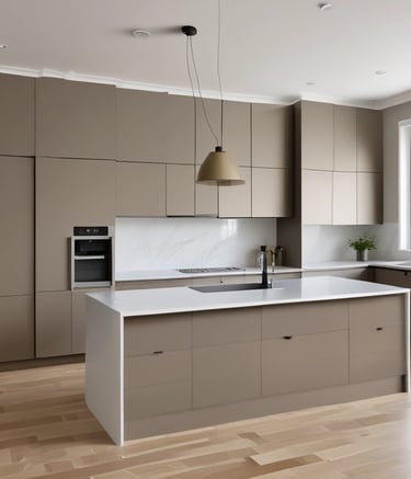 A man and woman stand in a rustic kitchen with wooden cabinets and a patterned curtain. They are holding a large rectangular sign advertising windows, roofing, doors, and siding, featuring a logo and contact number. The kitchen counter has various items, including a dish rack and some utensils.