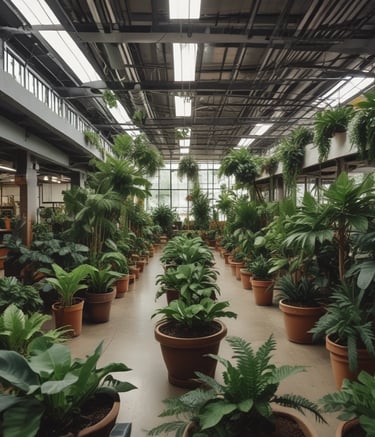 A lush garden landscape featuring a variety of greenery including shrubs and hostas, surrounded by tall pine trees. The ground is covered with well-maintained grass, and the garden is organized with neat edges and diverse plant species.
