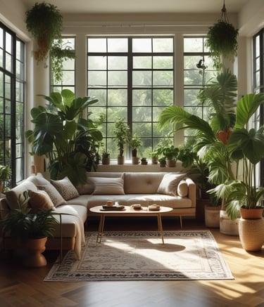 A lush garden landscape filled with vibrant greenery and a variety of trees and bushes. Tall evergreen trees stand prominently in the background, surrounded by shrubs and plants with varying shades of green and red foliage. The well-maintained lawn in the foreground is bright and evenly cut, creating a serene and inviting outdoor space.