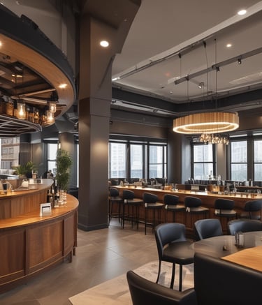 A cozy, warmly lit boutique or cafe with stylish clothes hanging on racks. There are round pendant lights and a decorative chalkboard. Floral arrangements adorn tables, and a person is seated and engaged in dining or working.