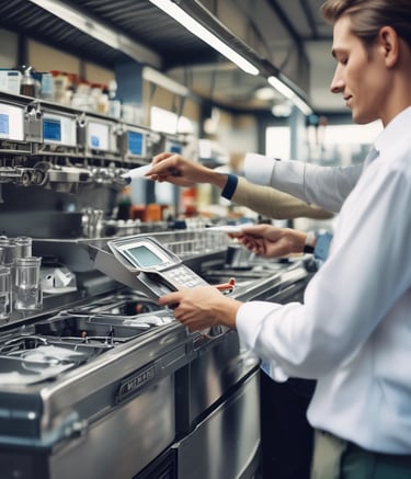 A group of people gathered around a vendor's stand inside a store. The stand is decorated with a poster displaying an image of a building labeled 'Weinkellerei Noesch'. Various bottles and glasses are displayed, suggesting a wine or beverage tasting event. A mannequin dressed in black sportswear is visible nearby, indicating a retail environment.