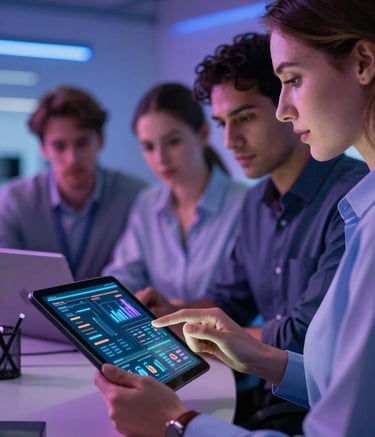 Close-up of a group of focused marketing professionals in a sleek, modern North American / US agency studio, looking at a digital tablet with vibrant data visualizations. The lighting is cinematic with Twilight Blue and Amethyst Purple accents, creating a high-end, creative atmosphere.