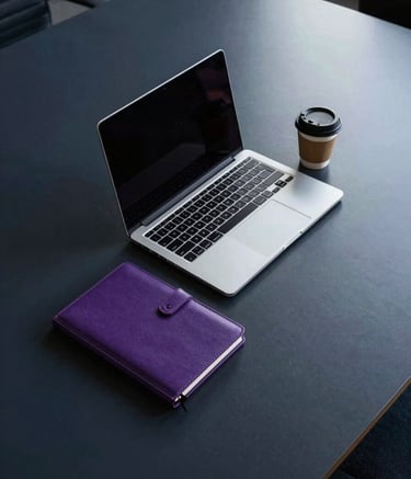 A top-down view of a sleek, Dark Midnight Navy conference table in a North American / US office. On the table sits a modern laptop, an Amethyst Purple leather notebook, and a designer coffee cup. The scene is minimalist, professional, and sophisticated.