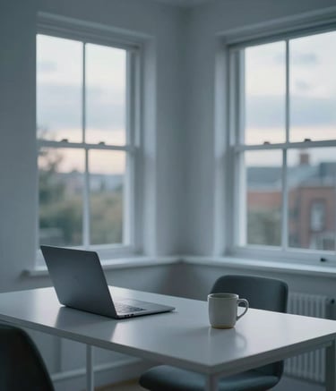A wide-angle professional photograph of a minimalist home office in a British residence. A clean white desk holds a laptop and a ceramic mug. Large windows in the background reveal a soft, cloudy afternoon. Muted blue grey tones dominate the scene.