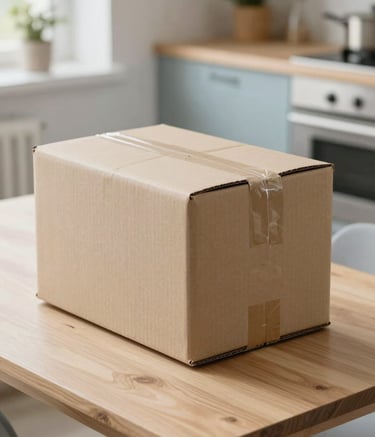 A high-quality close-up photograph of a cardboard shipping parcel on a light wood kitchen table. The room is bright with natural daylight, showing a clean, modern Northern European home interior. Soft shadows and a palette of pale grey blue and off-white create a professional feel.