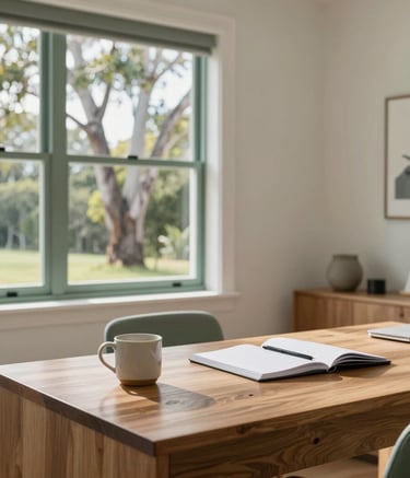 A high-end, bright, and airy home office in an Australian house on the Sunshine Coast. A wooden desk holds a simple ceramic cup and a notepad. Soft, natural light streams in from a window showing eucalyptus trees. The atmosphere is quiet, focused, and professional. Colors: slate green accents and off-white walls.
