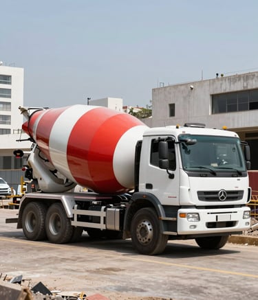 A professional white and red concrete mixer truck with clean branding parked at a construction site in a modern urban area of Lima Norte, Peru. Bright daylight, clear sky, high-quality professional photography.
