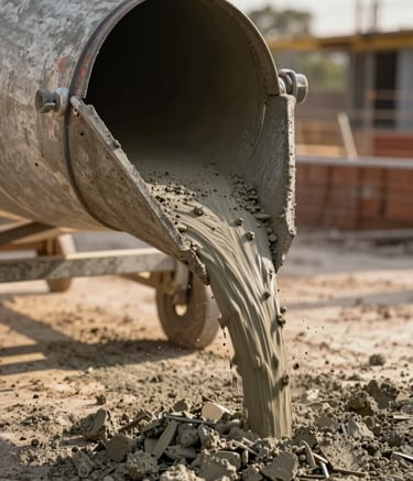 Close-up of fresh, high-quality concrete being professionally poured from a mixer chute at a South American / Peruvian construction site. Focus on texture and strength, warm golden hour lighting.