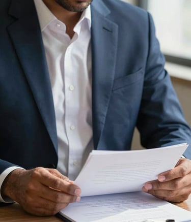 A close-up photograph of a professional South Asian / Indian legal expert in smart attire, focusing on a document in a sun-lit office. The scene incorporates a palette of deep navy blue and off-white for a trustworthy atmosphere.