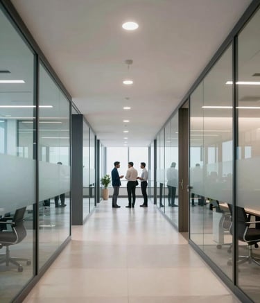 A wide-angle photography shot of a high-tech financial office in Gurugram. South Asian / Indian professionals are seen in the distance collaborating in a space with clean lines, glass partitions, and soft blue and off-white lighting.