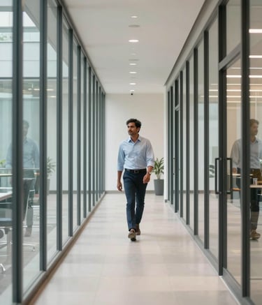Photography of a modern office hallway in Bangalore with clean glass windows. A South Asian / Indian professional is walking in the distance, conveying a sense of modern efficiency and professionalism in off-white and soft blue.