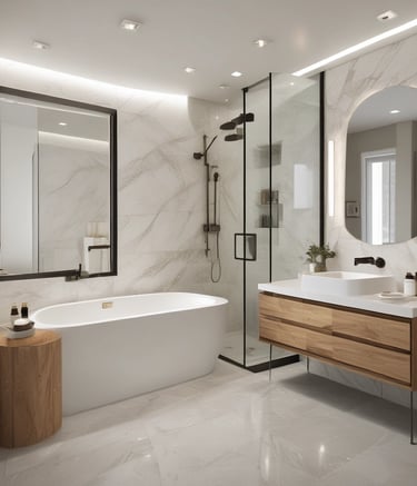 A luxurious bathroom with custom vanities and millwork.