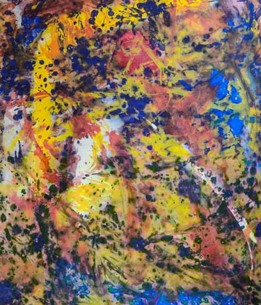 Abstract oil painting in yellow, red, and blue splashes with texture
