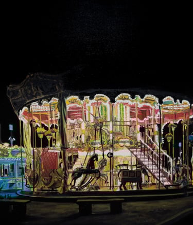 Nighttime carousel scene, figurative oil painting with lights and people