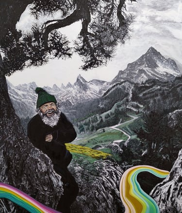 Oil painting of an elderly man, smiling in a mountain landscape, Mihai Cotiga painting