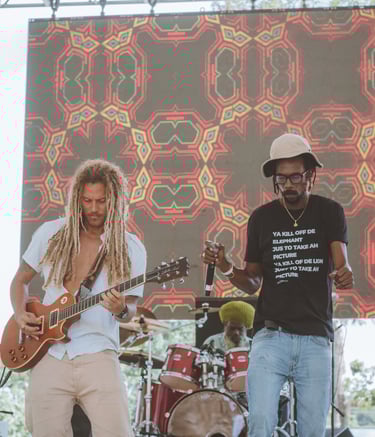 two men playing guitar and singing on stage