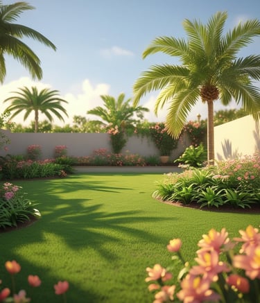 Tropical garden landscape with lush green lawn, palm trees, and blooming pink flowers under a bright blue sky.
