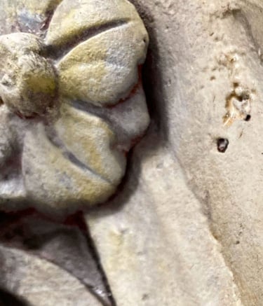 Extreme detail shot of a Victorian flower ornament painted to look like sandstone.