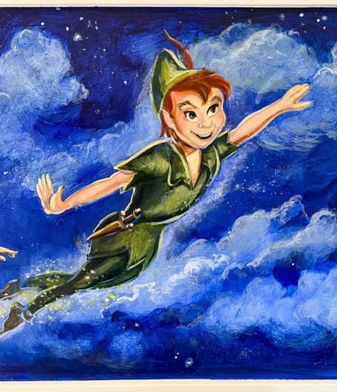 Boy with moonlit clouds and sparkling stars on a hand-painted white toy chest