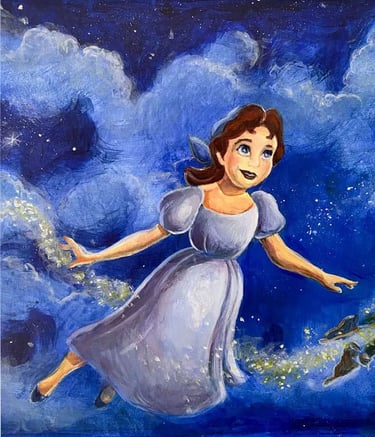Close-up of hand-painted girl flying through a dark blue sky with gold glitter dust.
