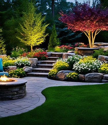 a patio with a fire pit in the middle of a garden