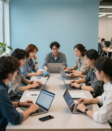 Wide shot of a collaborative workspace in a modern North American office. A team is gathered around a table with tablets and laptops, reflecting a sense of forward-thinking innovation. The interior design features light blue accents and light gray surfaces, creating an empowering and trustworthy atmosphere.
