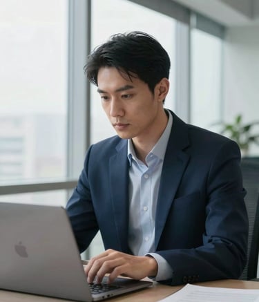A close-up photograph of a focused professional in a high-tech North American office environment, using a sleek laptop with soft morning light filtering through large windows. The scene is dominated by a clean navy blue and light gray color palette, emphasizing a mood of modern intelligence and professional concentration.