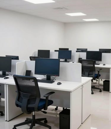 Wide shot of a clean, bright, and modern Brazilian call center with ergonomic workstations. The atmosphere is professional and organized, with a palette of white and dark blue, reflecting a high-standard corporate environment.