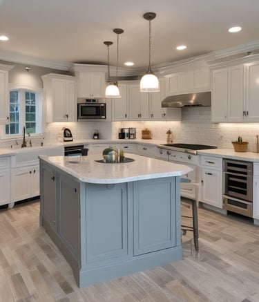 új konyhapult és csempe hátfal felszerelve.