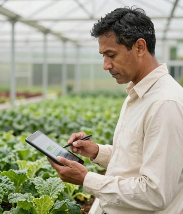 A professional North American consultant in a modern greenhouse setting, holding a tablet and reviewing agricultural data. The lighting is bright and clean, with a sophisticated and trustworthy mood. Colors include deep greens and soft creams, reflecting a modern sustainable agricultural practice.