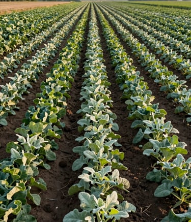 A wide, high-angle photograph of a organized North American organic farm field. The composition shows clean, straight rows of healthy crops under clear daylight. The style is professional and modern, emphasizing sophisticated land management and growth. Deep green and light sage foliage against a natural sky.
