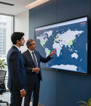 A clean, modern photography shot of a high-end corporate office in a South Asian city. Two trade experts in formal professional attire are reviewing global shipping routes on a digital screen. The room is decorated in sophisticated dark blue and off-white tones, conveying confidence and authority.