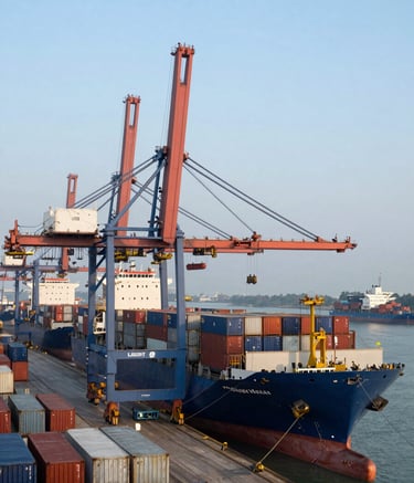 A wide-angle, professional photograph of a bustling South Asian port at dawn. Large cargo vessels are being loaded with steel containers by massive cranes. The atmosphere is crisp and sophisticated with a color palette of light blue and dark blue. The scene emphasizes global trade and reliable logistics.