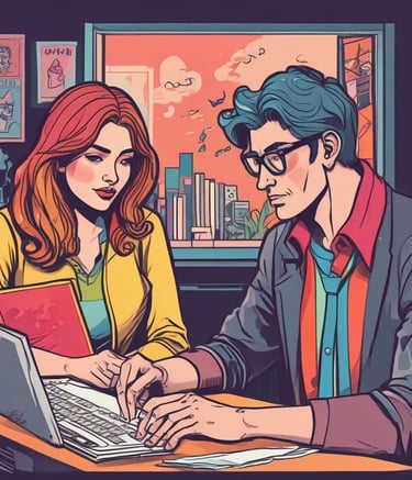 A sleek modern office with blue and white tones, showing a team collaborating over data charts on screens.