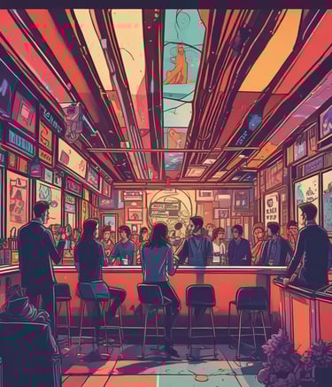 A futuristic cityscape at dusk with glowing data visualizations overlayed in blue hues.