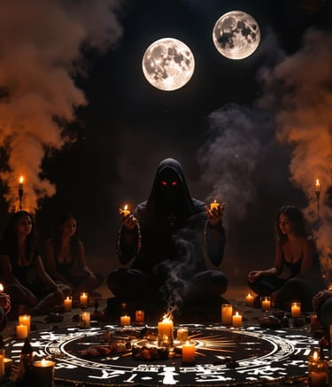 Ceremonia bajo luna llena, círculo sagrado, energía transformadora