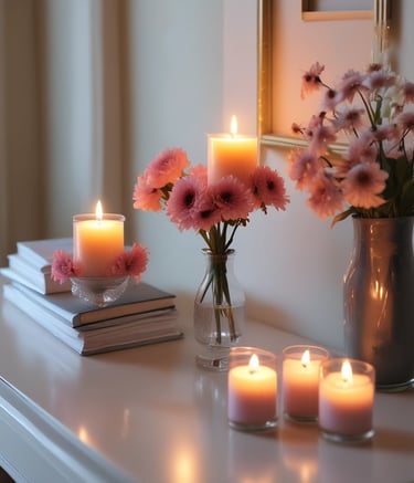 A handcrafted wooden pyramid with intricate carvings and figures, sitting on a windowsill. It is surrounded by small white candles, and there is a sheer curtain partially covering the window.