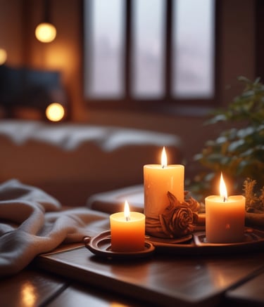 A collection of colorful, intricately designed candle holders displayed behind a window. The candle holders are elevated on black metal stands and emit a warm, inviting glow. Various patterns are visible on the holders, including urban landscapes and abstract designs. In the foreground, there are vibrant flowers, enhancing the cozy and artistic atmosphere.