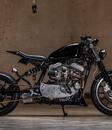 custom black sportster redesigned with turbo engine.