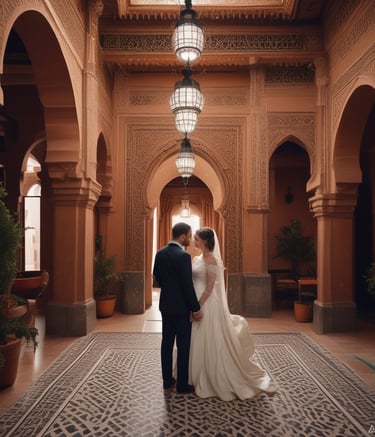 A couple, possibly newlyweds, is cutting a cake with a professional photographer taking pictures of the moment. The setting appears to be a warmly lit reception area with other guests in the background. A smartphone is visible in the foreground, capturing the event.