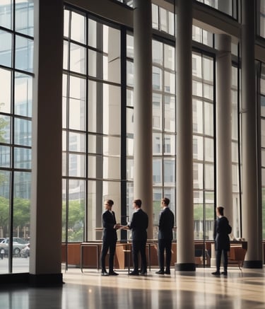 A man in a dark suit and white shirt stands in an office setting, smiling slightly. The background features a wall with framed certificates, indicating a professional environment.